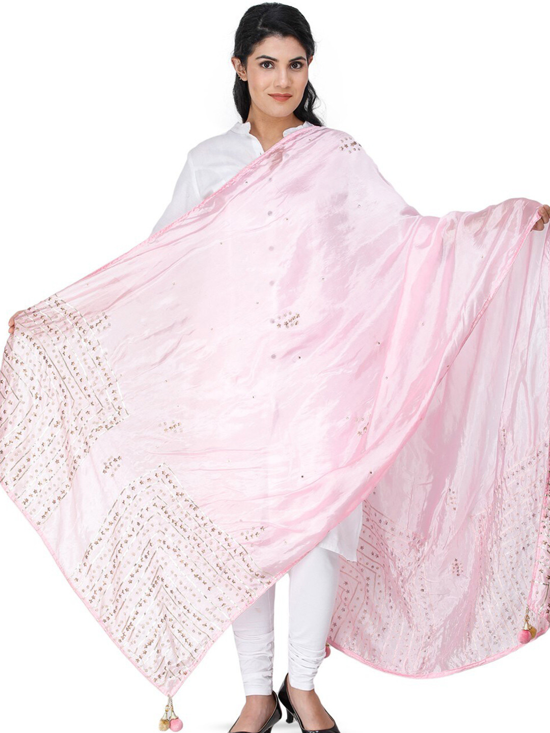 Exotic India Lilac Sachet Silk Dupatta with Gota Patti, Floral Beads and Tassels