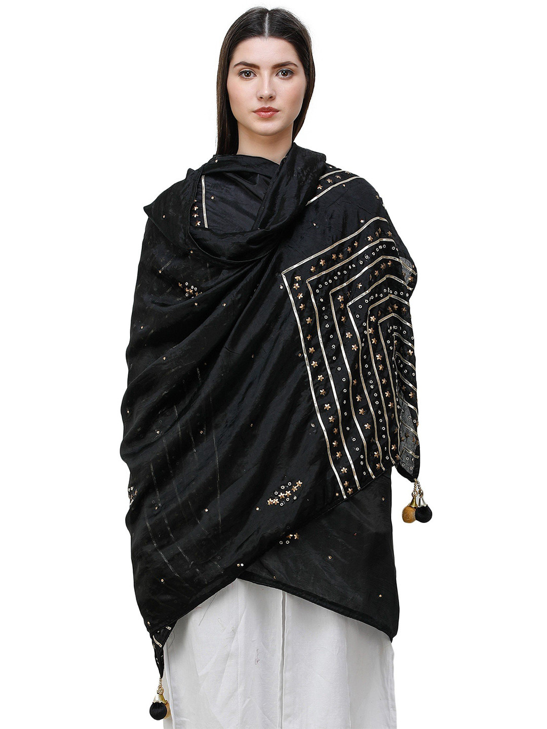 Exotic India Black Beauty Silk Dupatta with Gota Patti, Floral Beads and Tassels