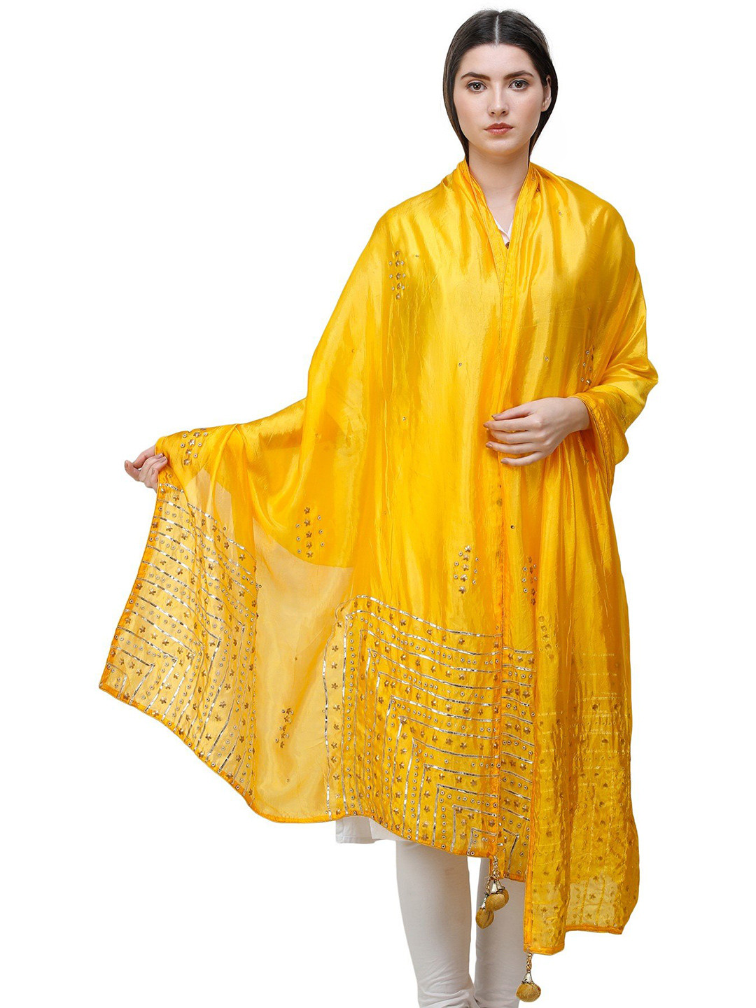 Exotic India Saffron Silk Dupatta with Gota Patti, Floral Beads and Tassels