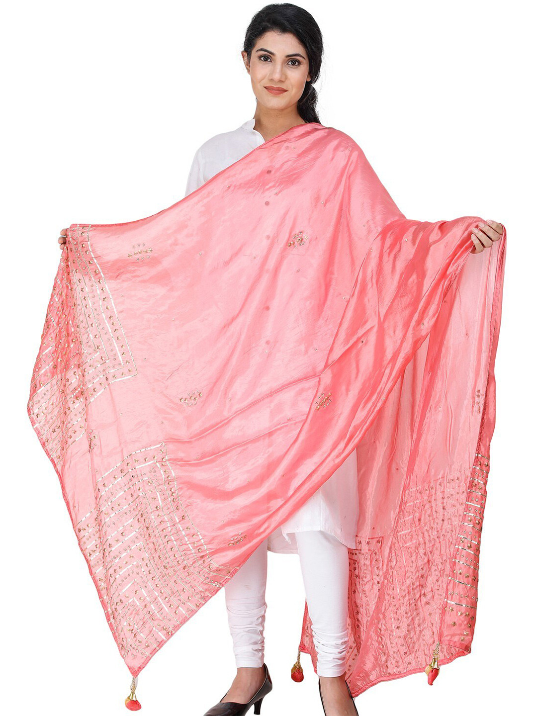 Exotic India Strawberry Pink Silk Dupatta with Gota Patti, Floral Beads and Tassel