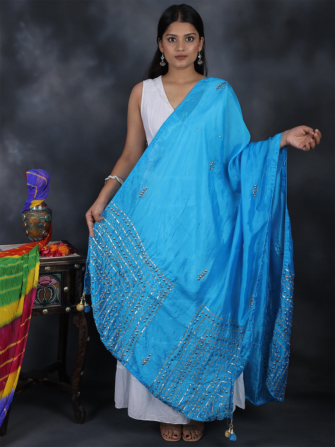 Exotic India Blue Jewel Silk Dupatta with Gota Patti, Floral Beads and Tassels