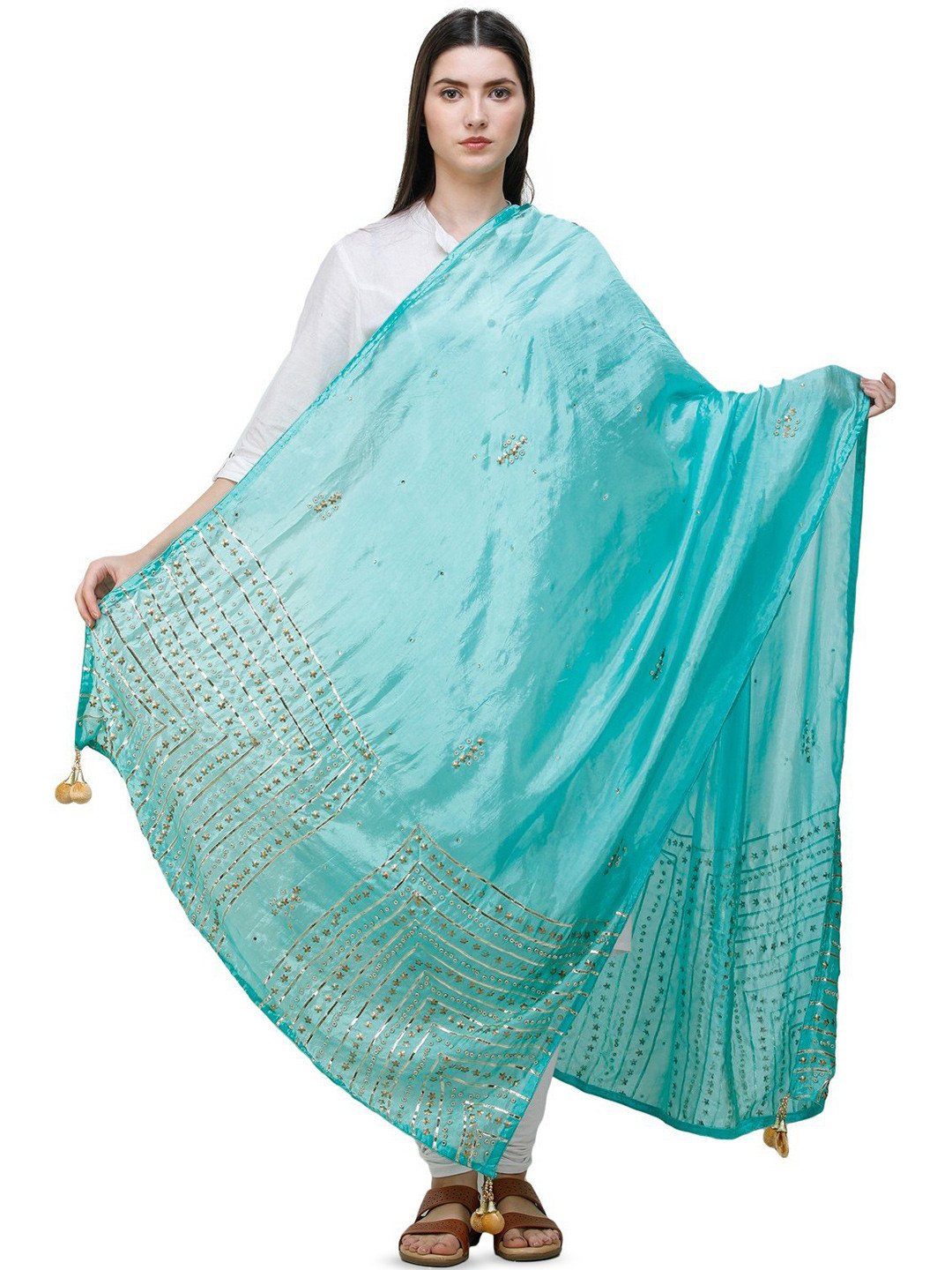 Exotic India Biscay Green Silk Dupatta with Gota Patti, Floral Beads and Tassels