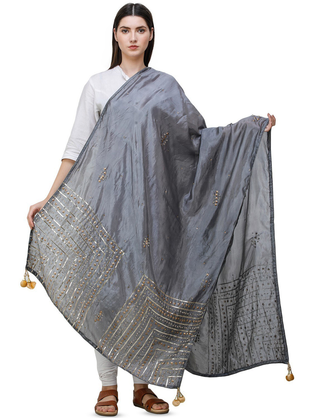 Exotic India Steel Gray Silk Dupatta with Gota Patti, Floral Beads and Tassels