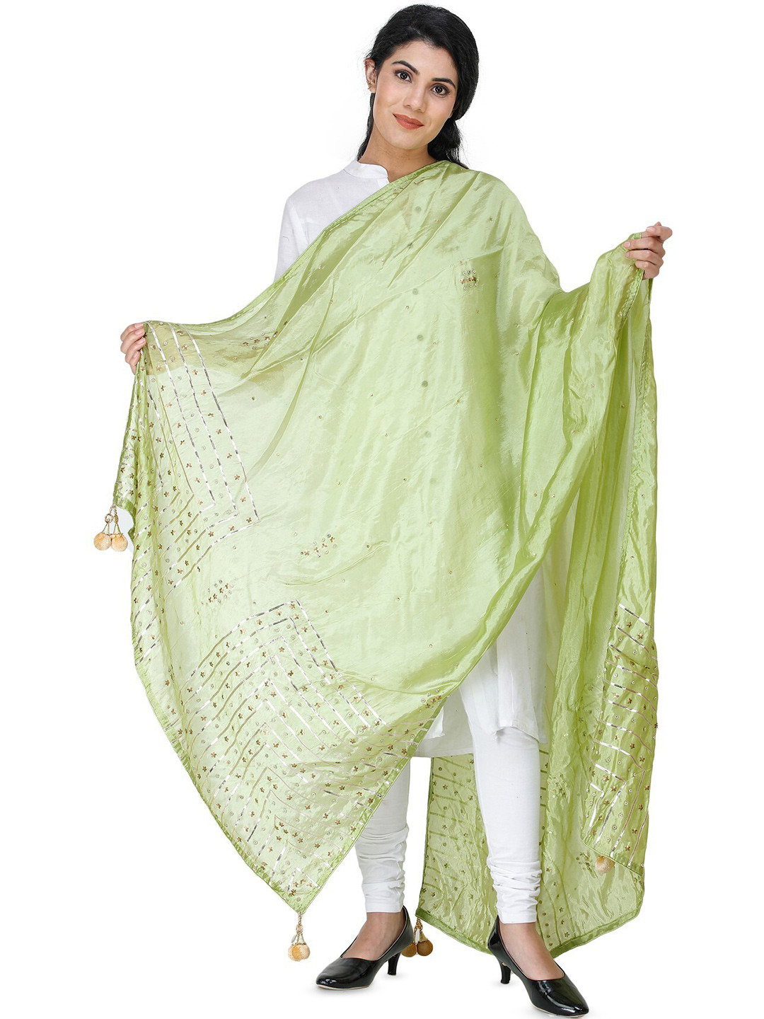 Exotic India Oasis Silk Dupatta with Gota Patti, Floral Beads and Tassels
