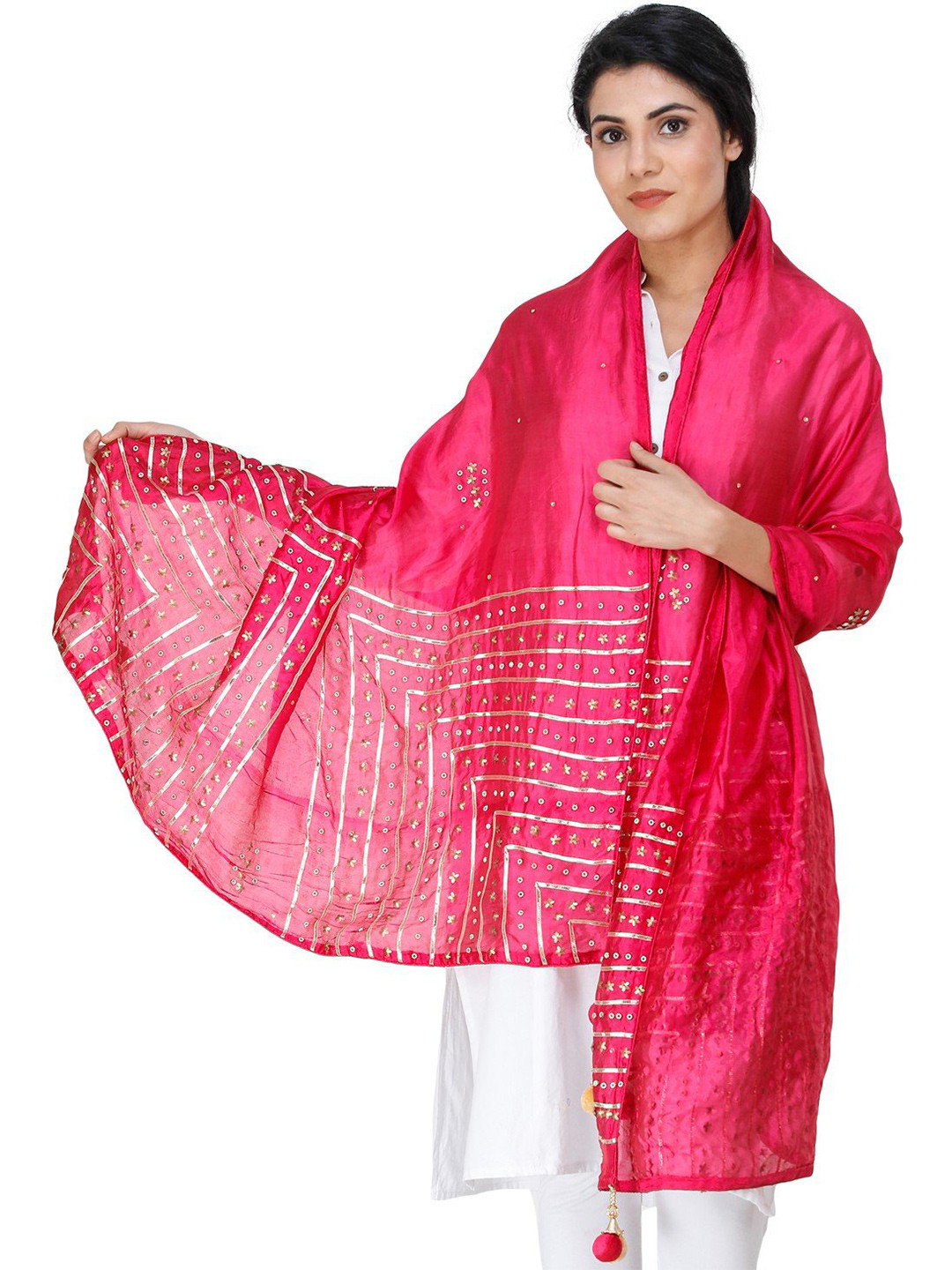 Exotic India Love Potion Silk Dupatta with Gota Patti, Floral Beads and Tassels