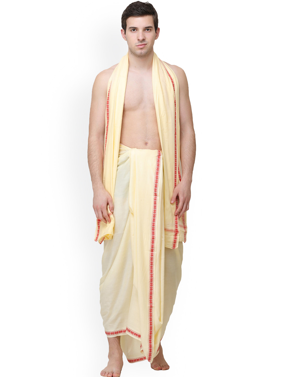 Exotic India Dhoti and Angavastram Set with Woven Narrow Border