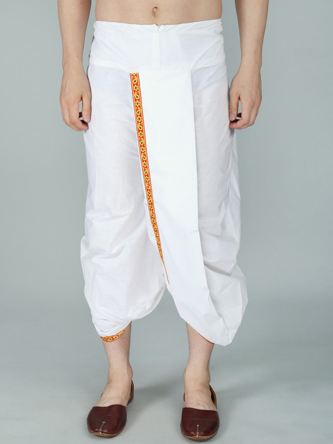 Exotic India by BLISS Woven Zari Patti Ready to Wear White Dhoti from ISKCON Vrindavan