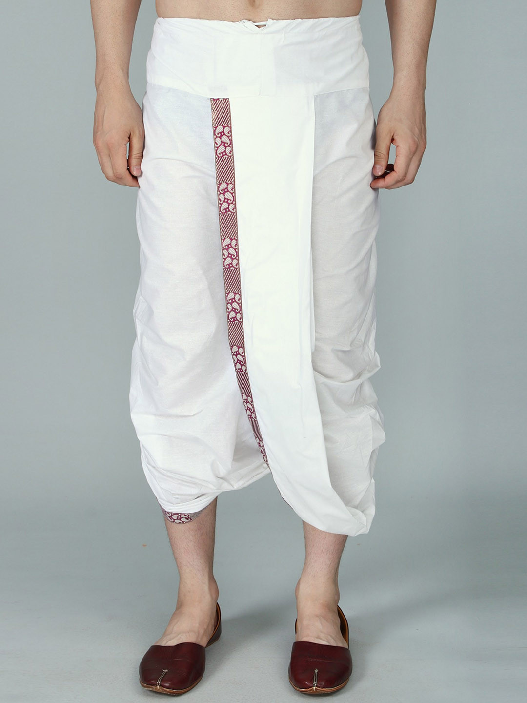 Exotic India by BLISS Woven Zari Patti Ready to Wear White Dhoti from ISKCON Vrindavan