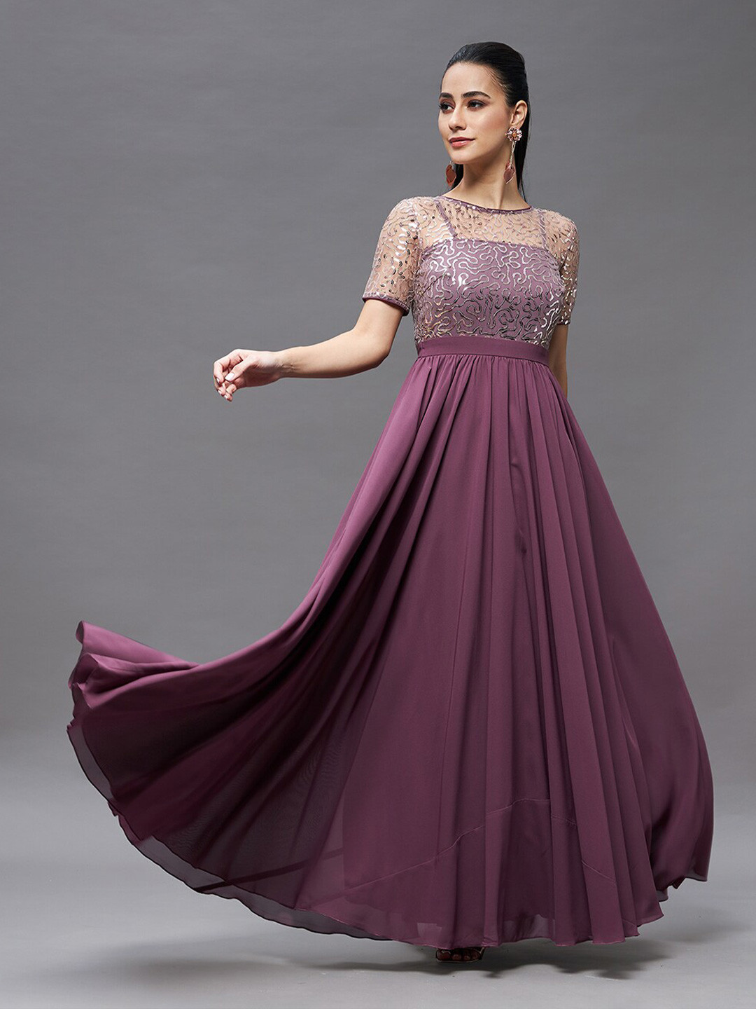 Miss Chase Embellished PLeated Fit & Flare Sequinned Georgette Maxi Dress