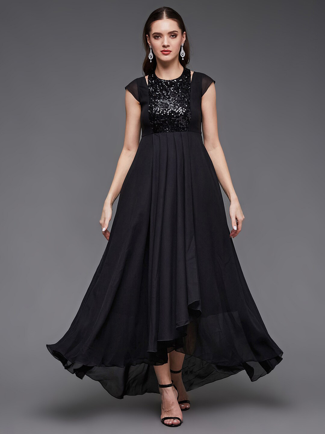 Miss Chase Embellished Fit & Flare PLeated Georgette Maxi Dress