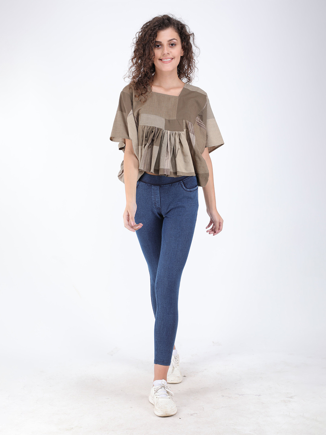 Streaks & Crosses Checked Square Neck Batwing Sleeve Gathered Cotton Top