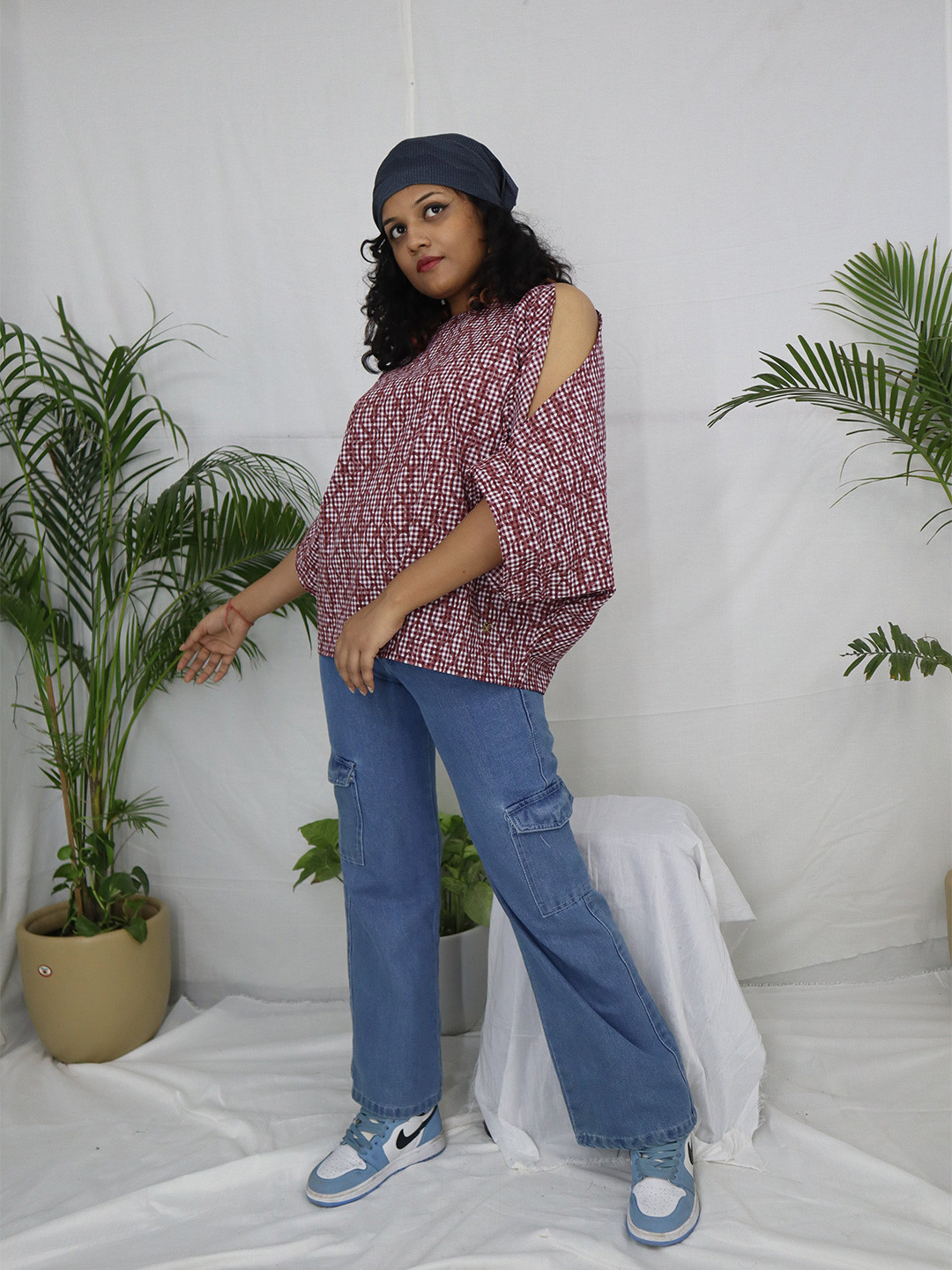 Streaks & Crosses Checked Slit Sleeves Cotton Top