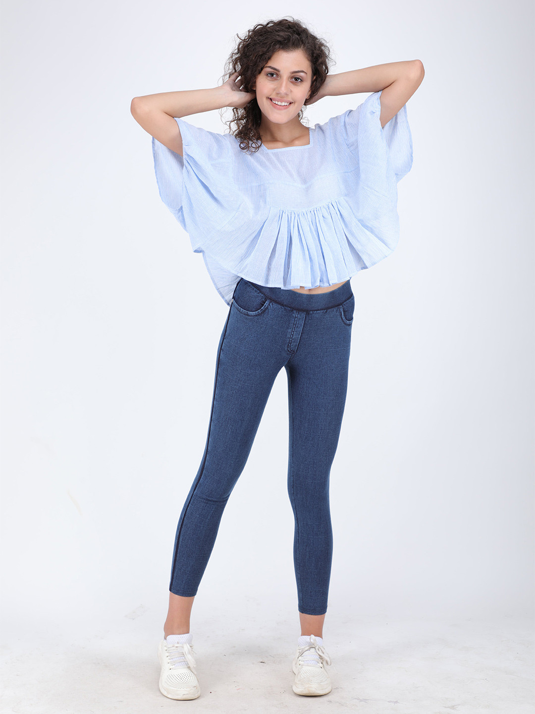 Streaks & Crosses Vertical Striped Square Neck Extended Sleeves Cotton Kaftan Crop Top