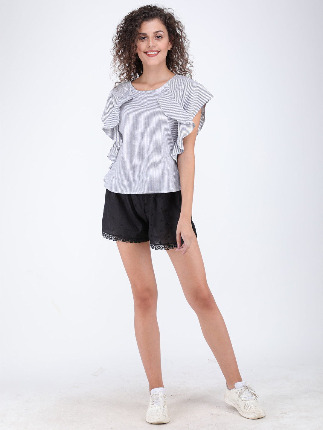 Streaks & Crosses Striped Flutter Sleeves Ruffled Cotton Top