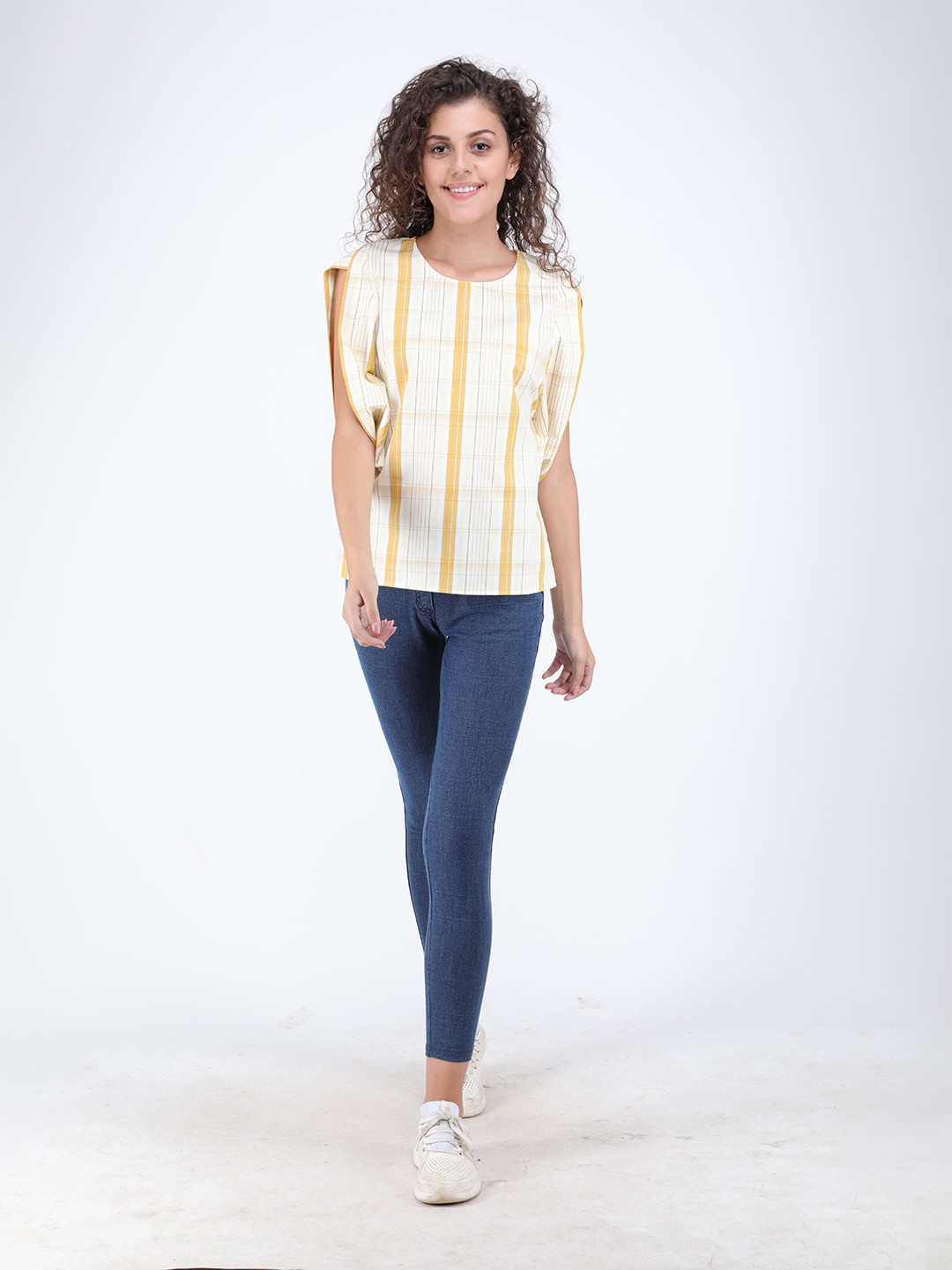 Streaks & Crosses Checked High Slit Sleeves Cotton Top