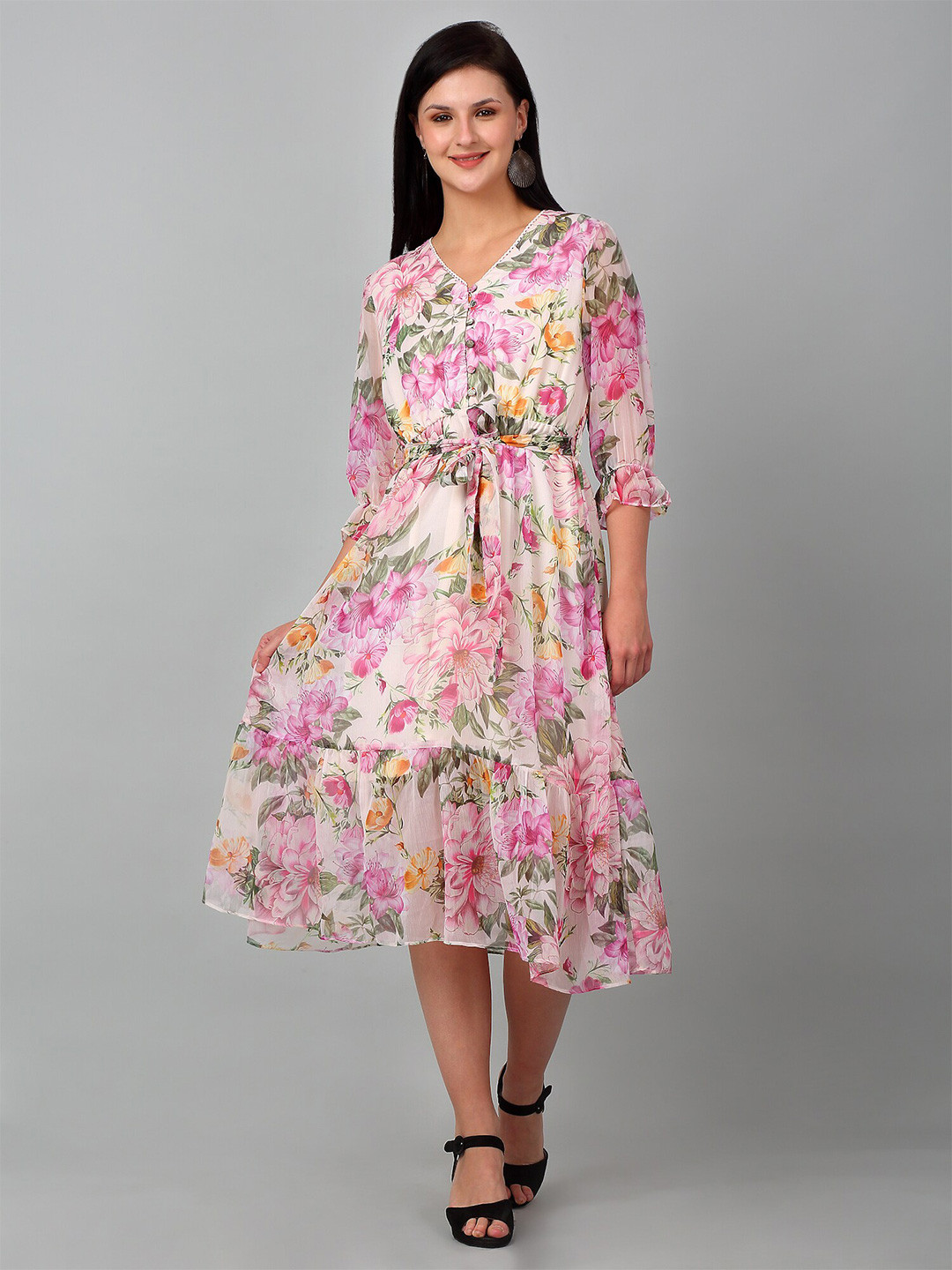 Cantabil Floral Printed V-Neck Chiffon Fit & Flare Midi Dress