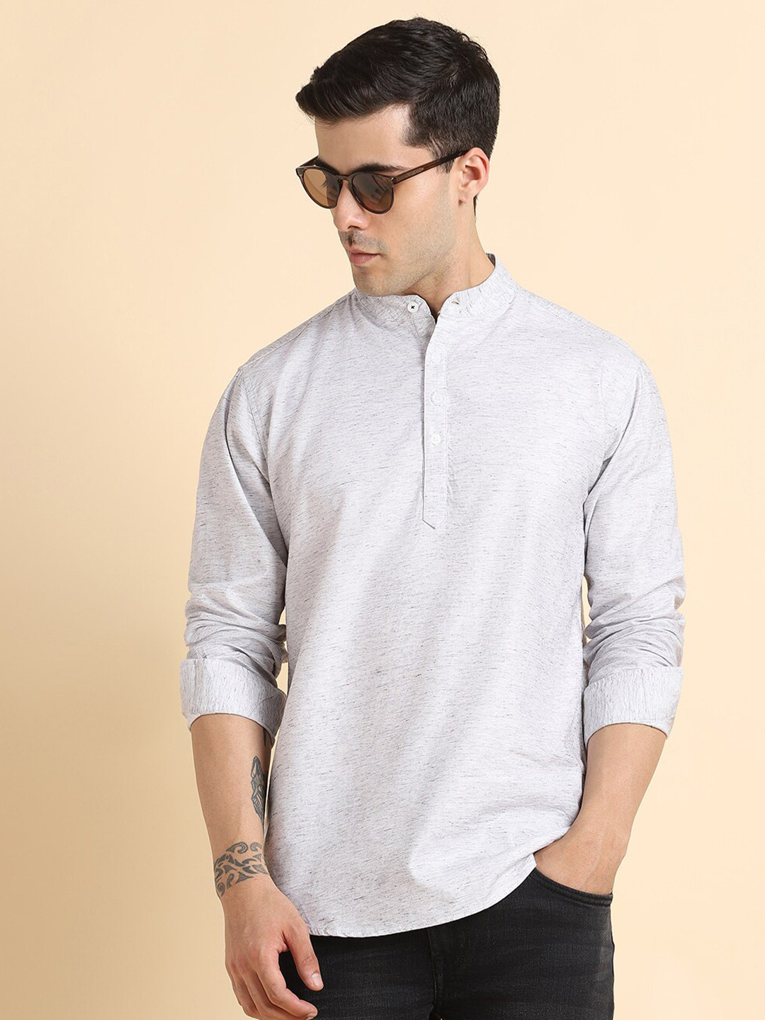 Dennis Lingo Textured Mandarin Collar Pure Cotton Casual Shirt