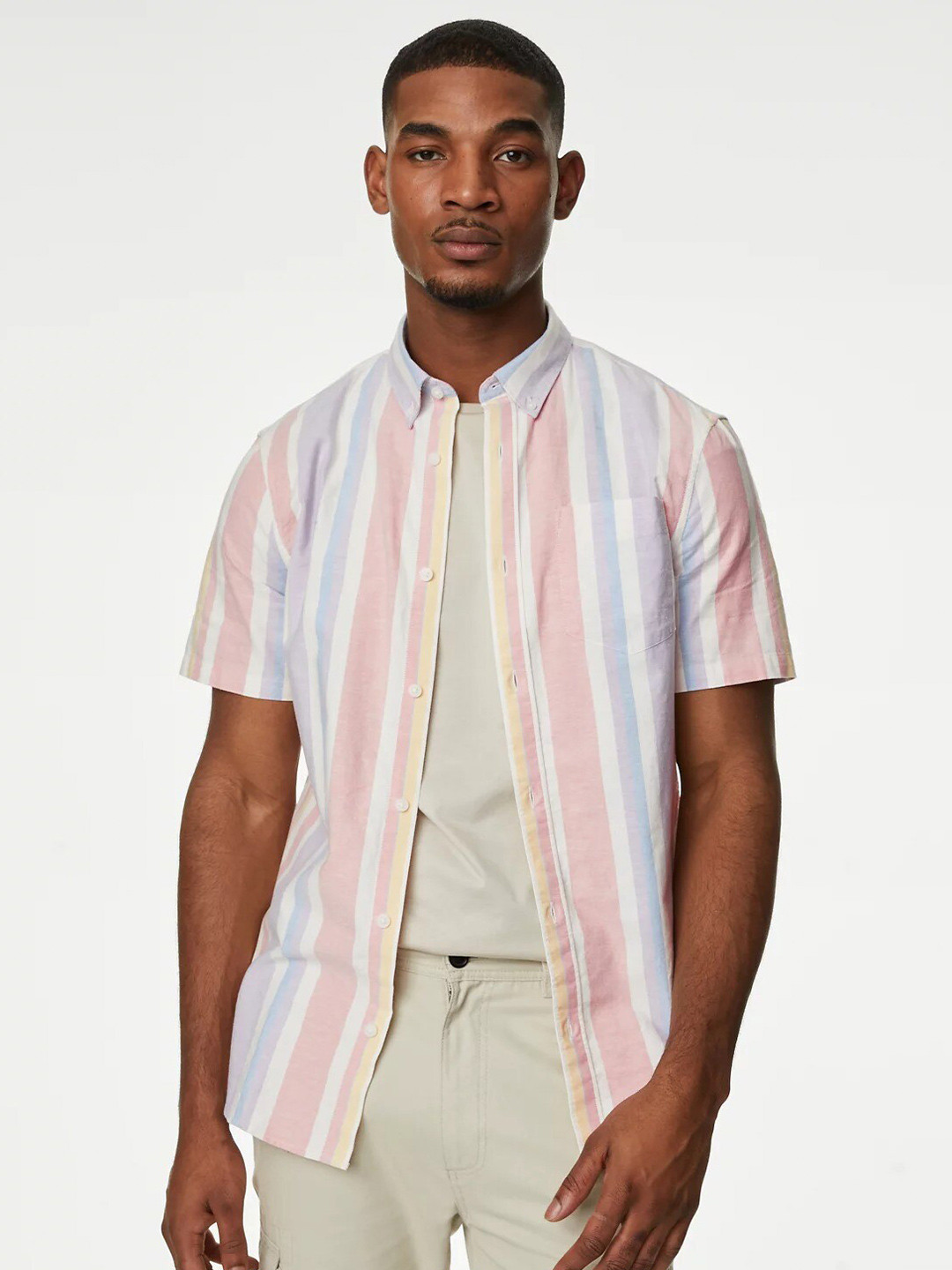 Marks & Spencer Multi Striped Button Down Collar Oxford Weave Pure Cotton Casual Shirt