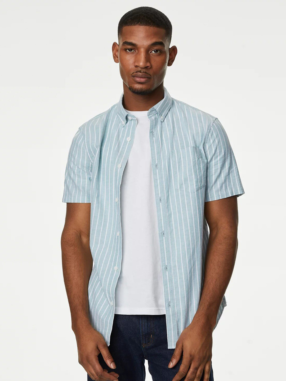 Marks & Spencer Striped Button Down Collar Pure Cotton Oxford Weave Casual Shirt