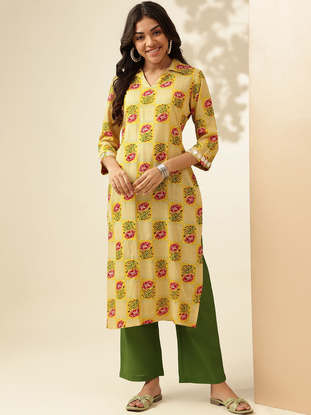 Anouk Floral Printed Regular Mirror Work Shirt Collar Straight Kurta With Palazzo