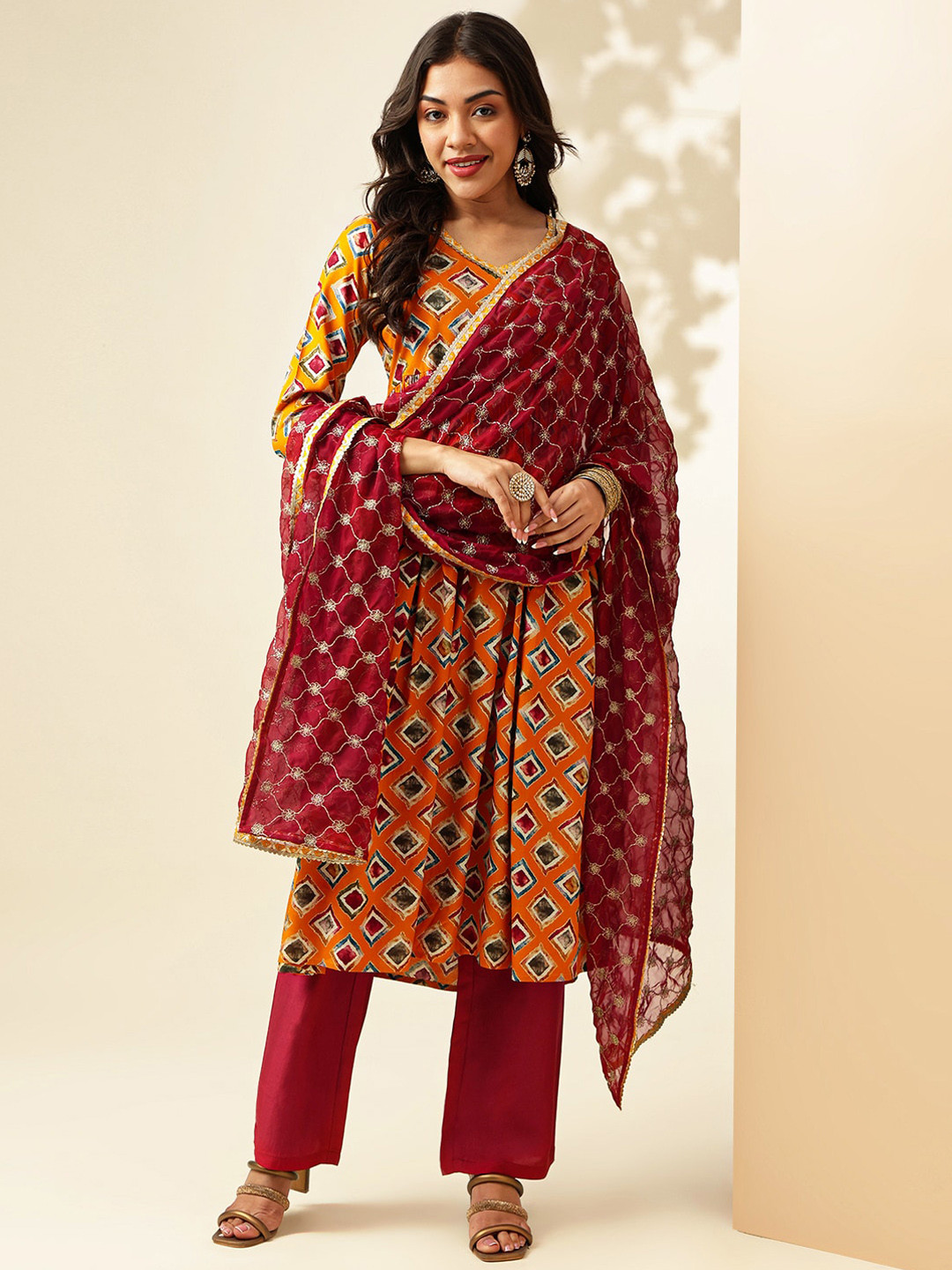 Anouk Musrard Geometric Printed Flared V-Neck Angrakha Gotta Patti Anarkali Kurta Set