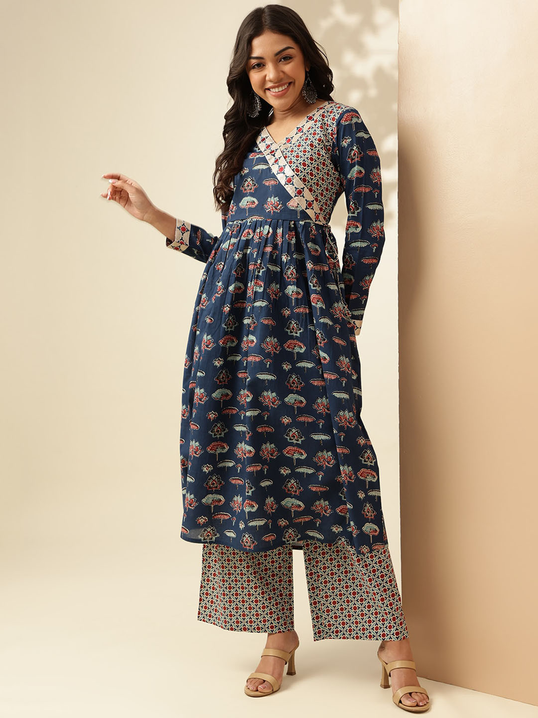 Anouk Blue Floral Printed Angrakha Sequinned V-Neck Pure Cotton Kurta With Palazzo