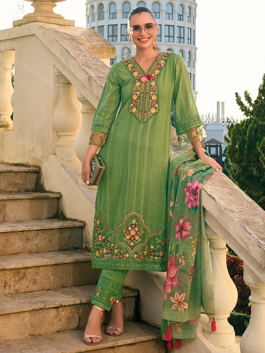 Indo Era Floral Embroidered Thread Work Pure Cotton Kurta with Trousers & With Dupatta