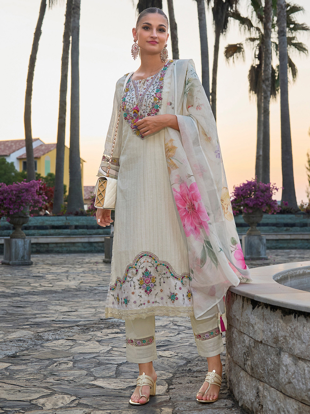 Indo Era Floral Embroidered Round Neck Pure Cotton Straight Kurta with Trousers & Dupatta