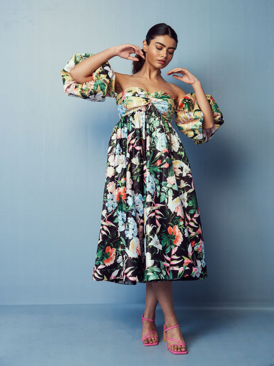 Geethika kanumilli Floral Printed Off-Shoulder Long Sleeves Satin Fit & Flare Midi Dress