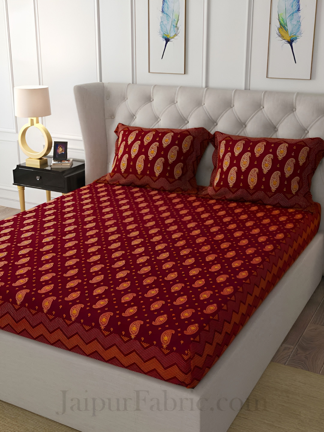 JAIPUR FABRIC Traditional Goldi Red Paisley Cotton 300 TC King Fine Bedsheet with 2 Pillow Covers-106 x 89 inches