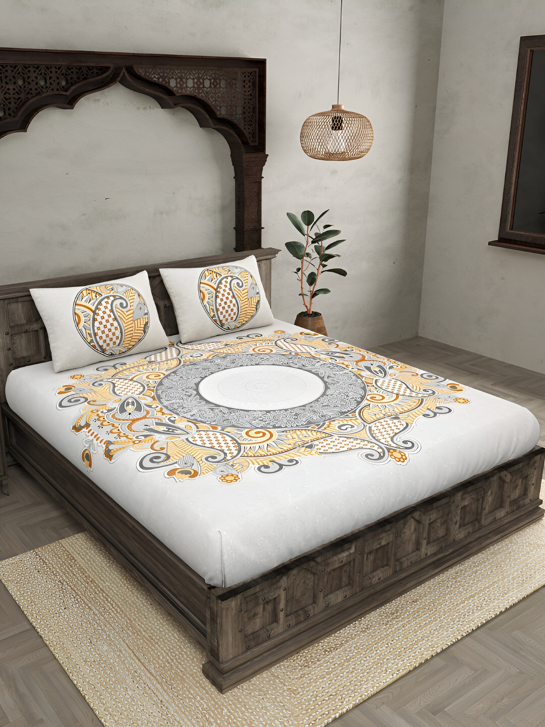 JAIPUR FABRIC Cosmic Kolam White Paisley Cotton 260 TC King Fine Bedsheet with 2 Pillow Covers-94 x 108 inches