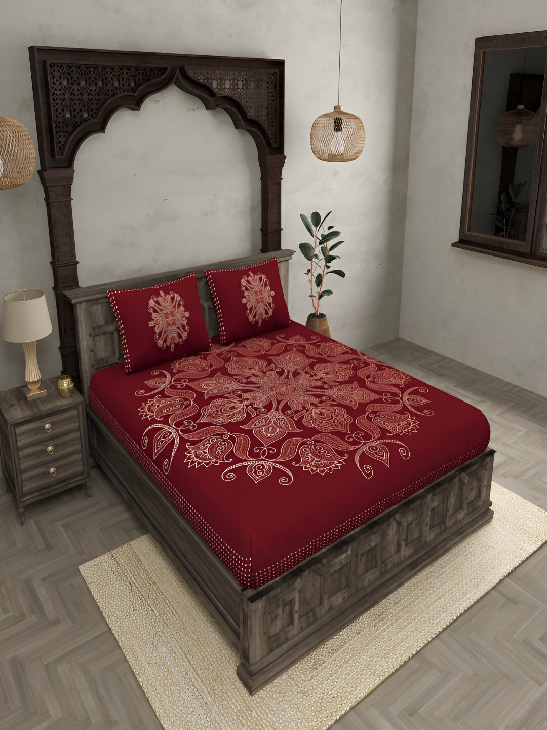JAIPUR FABRIC Fitted_Tina_Dbs Red Ethnic Motifs Cotton 300 TC King Fine Bedsheet with 2 Pillow Covers-274 x 274 cm