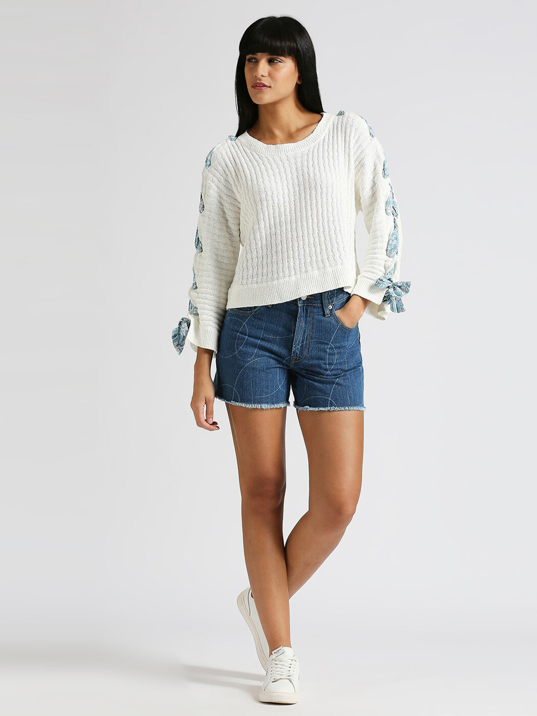 Pepe Jeans Self Design Tie-Ups Detail Flat Knit Pure Cotton Top