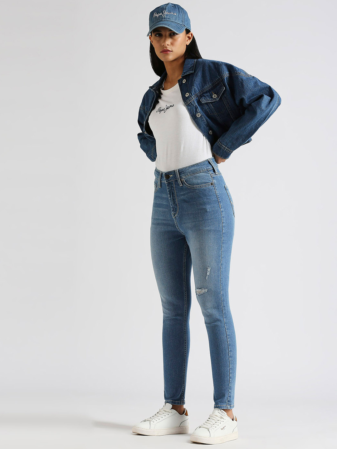 Pepe Jeans Women Dion Skinny Fit High-Rise Low Distress Stretchable Cropped Jeans