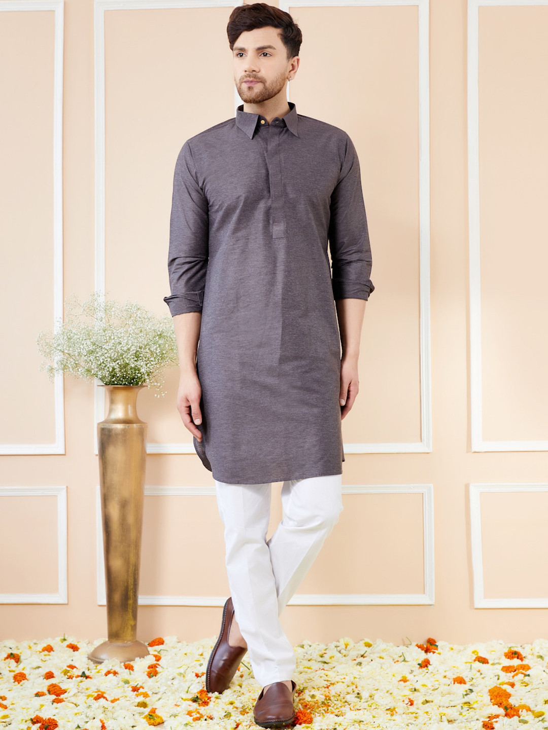 See Designs Men Grey Shirt Collar Cotton Pathani Kurta
