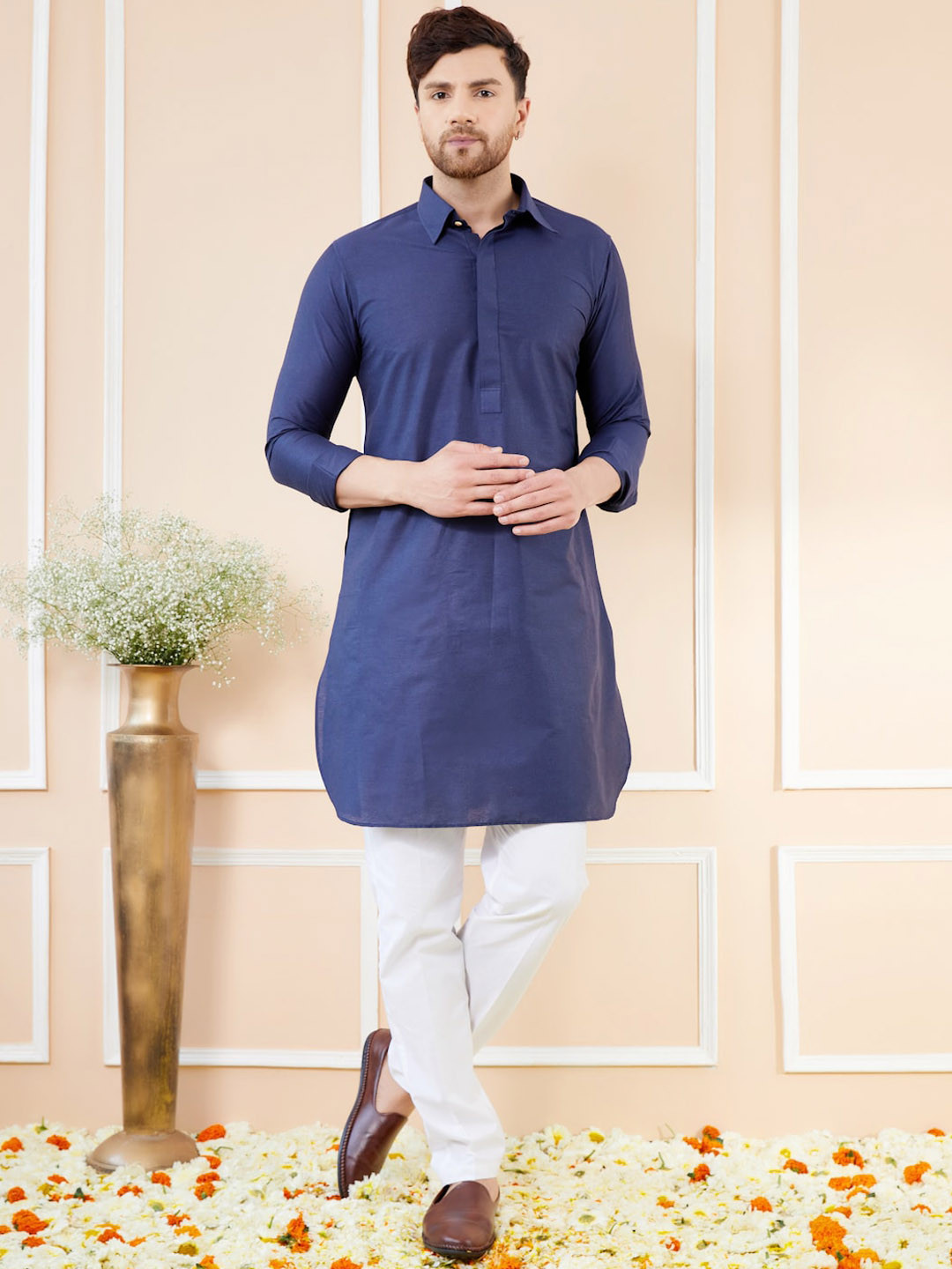 See Designs Men Navy Blue Regular Pure Cotton Pathani Kurta with Pyjamas