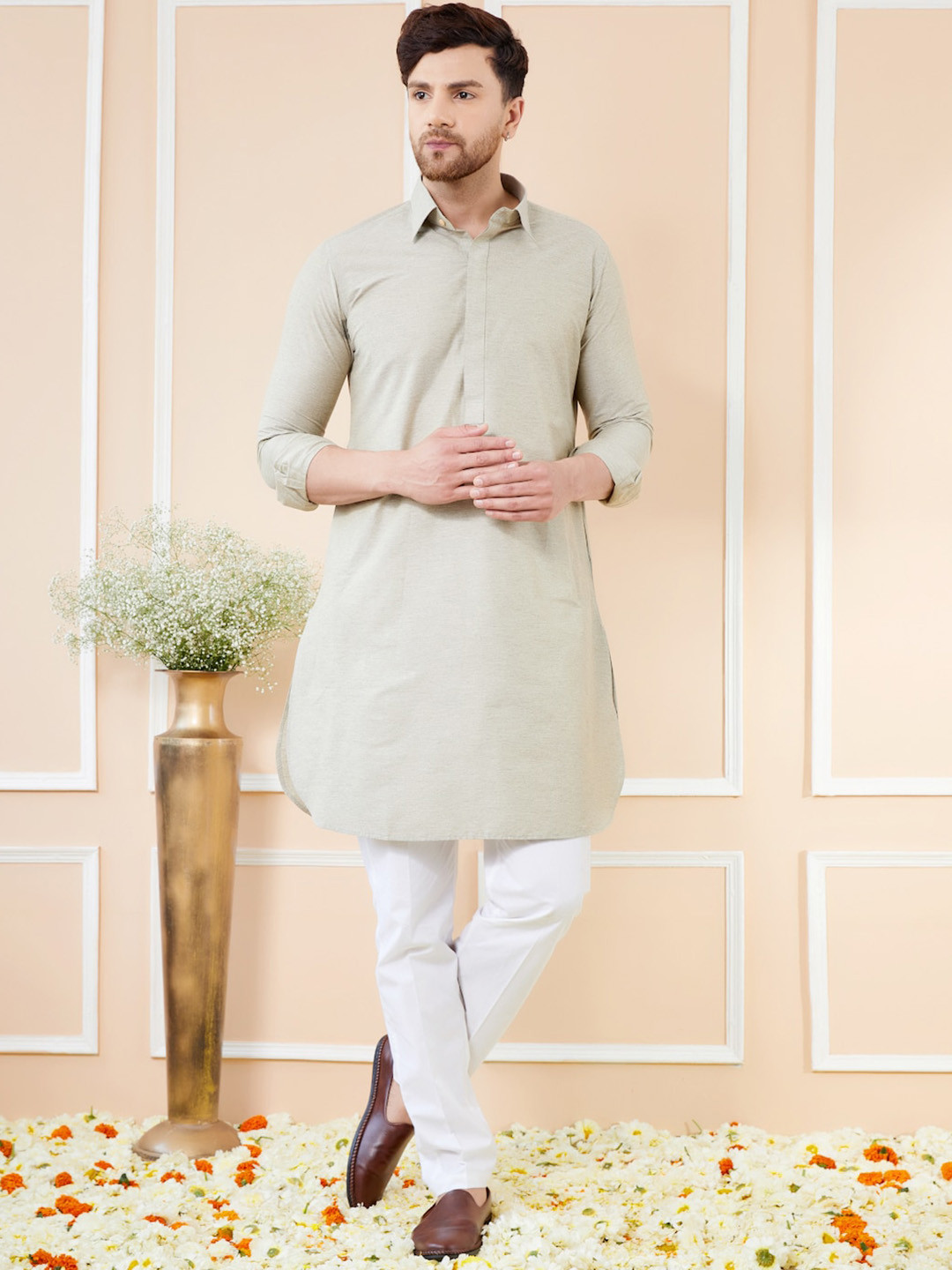 See Designs Men Cream Regular Shirt Collar Pure Cotton Pathani Kurta with Pyjamas