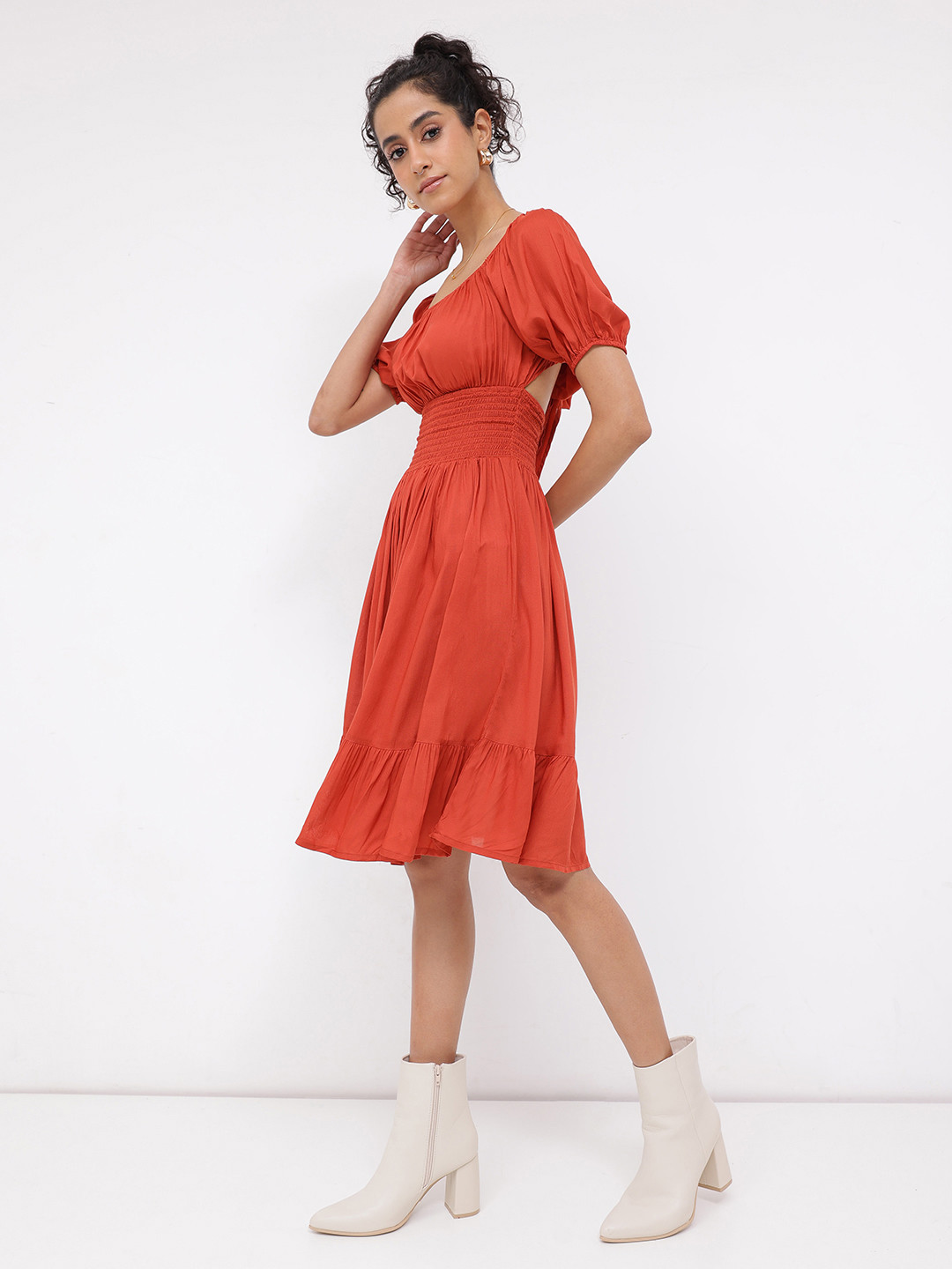 DressBerry Smocked Waist Puff Sleeves A-line Dress