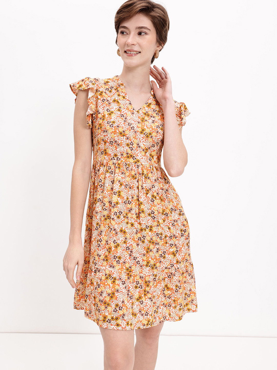 DressBerry Ruffle Sleeves Floral Fit-N-Flow Dress