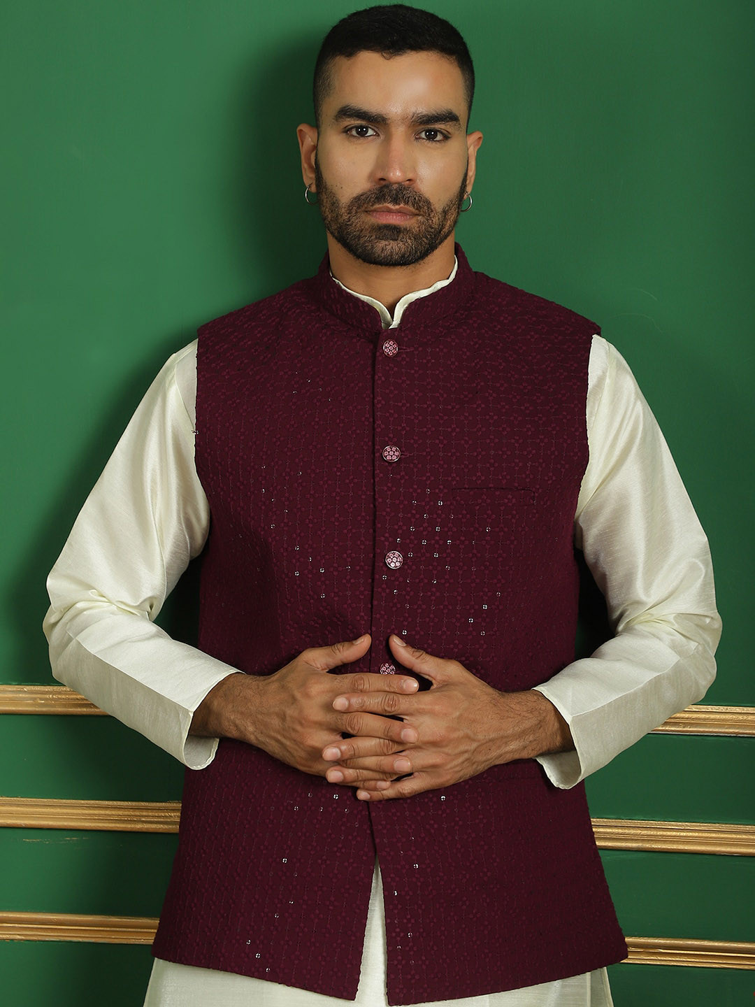 Anouk Purple Embroidered Mandarin Collar Sequinned Detailed Nehru Jacket