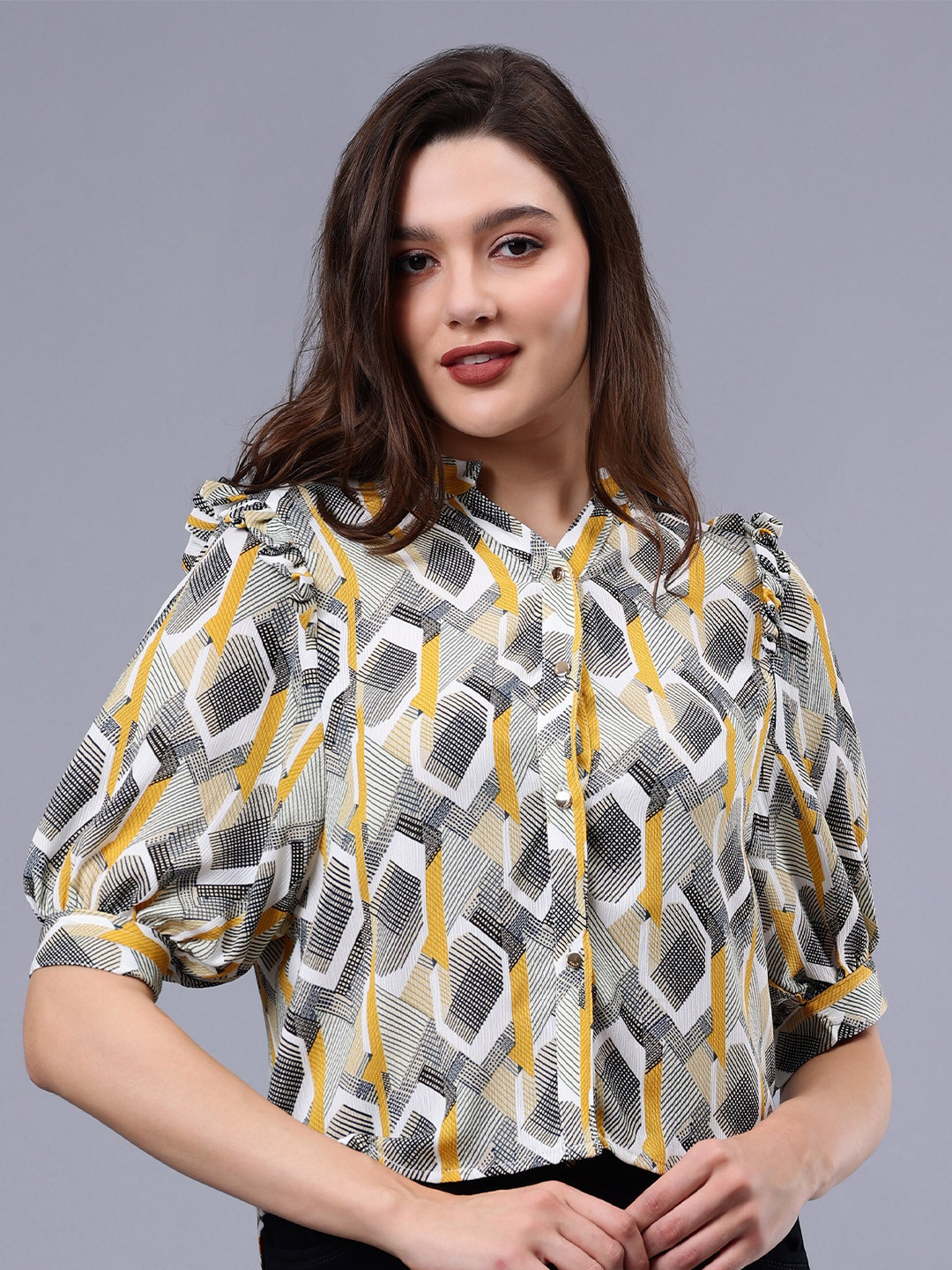 Albion By CnM Geometric Printed Mandarin Collar Puff Sleeve Shirt Style Top