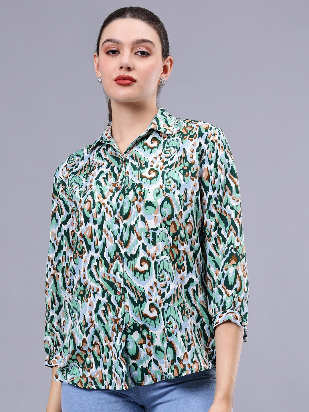 Albion By CnM Abstract Printed Shirt Collar Cuffed Sleeves Cotton Shirt Style Top