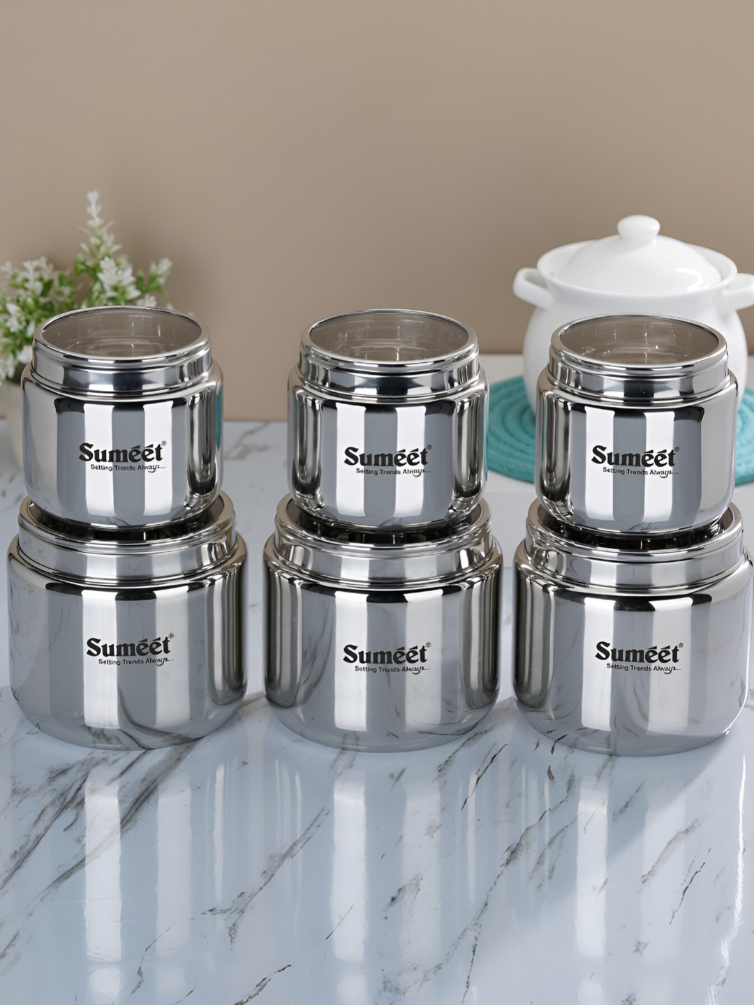 Sumeet Silver Stainless Steel Dishwasher Safe 6 Piece Magnetic Canister