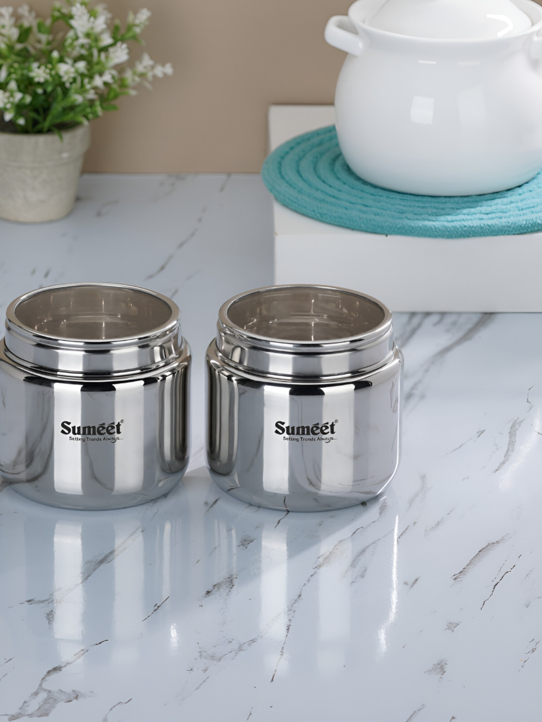 Sumeet Silver Stainless Steel Dishwasher Safe 2 Piece Magnetic Canister-400ml
