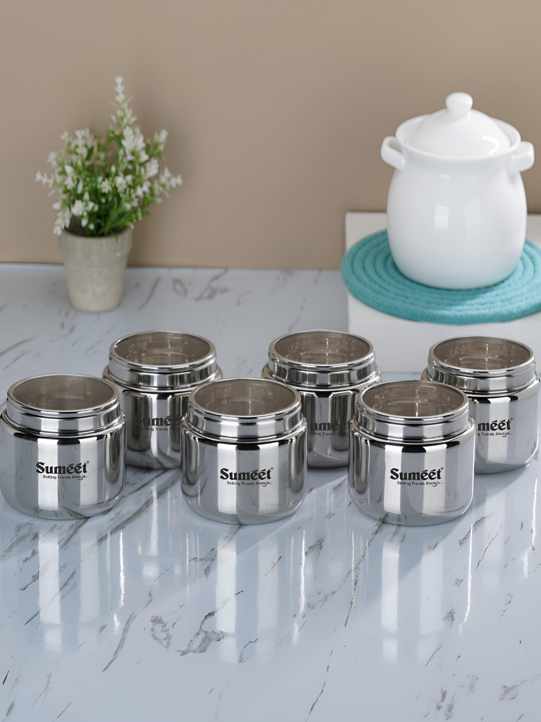 Sumeet Silver Stainless Steel Easy To Clean 6 Piece Magnetic Canister-400ml