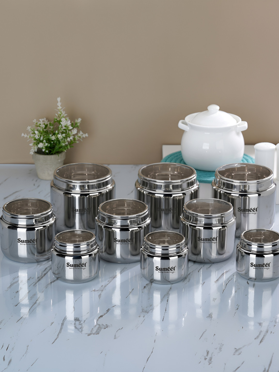 Sumeet Silver Stainless Steel Easy To Clean 9 Piece Magnetic Canister