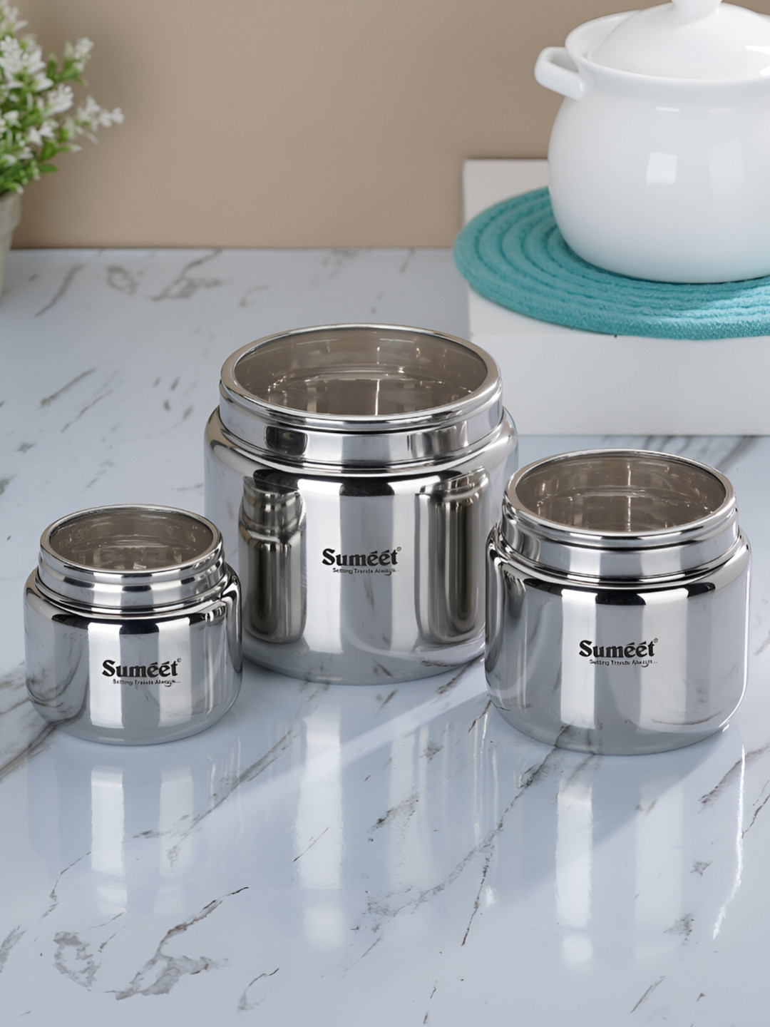 Sumeet Silver-Toned Silver Stainless Steel Dishwasher Safe 3 Piece Screw Top Canister