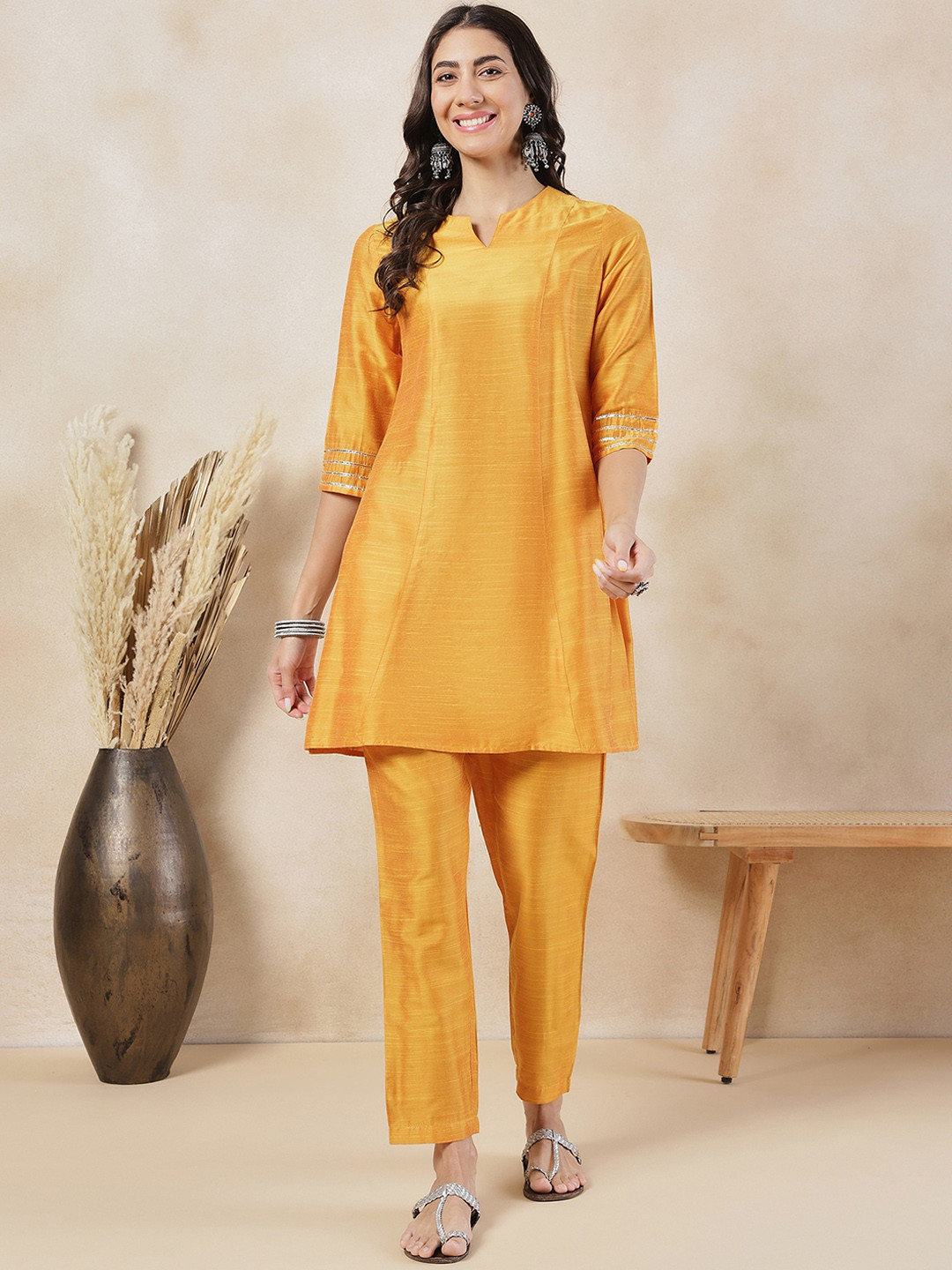 Anouk Yellow Solid Ethnic Tunic with Trousers