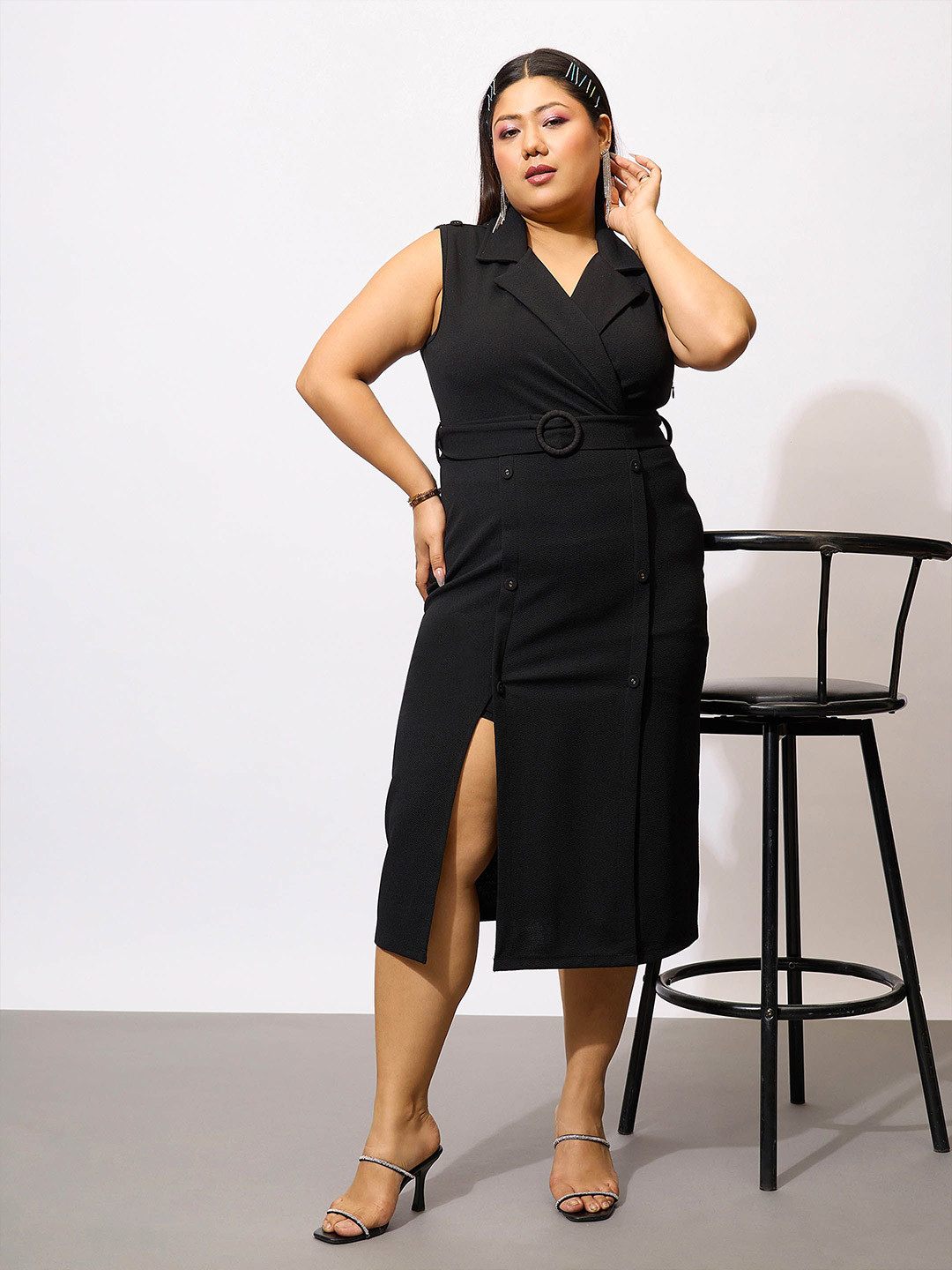 SASSAFRAS Curve Plus Size Black Shirt Collar Sleeveless Blazer Midi Dress With Belt