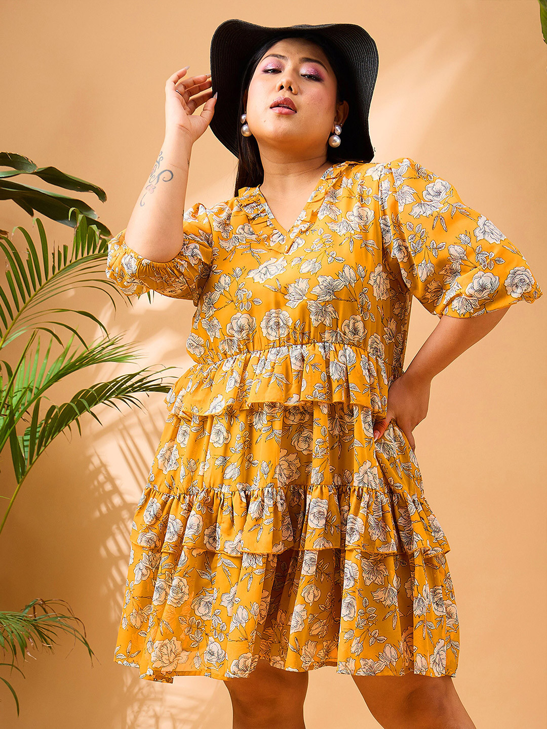SASSAFRAS Curve Plus Size Floral Printed V-Neck Puff Sleeves Ruffle Georgette A-Line Dress